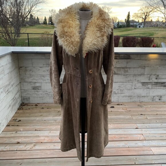 Vintage 70s Sears Suede Penny Lane Coat Faux Fur Collar Lined Belted Overcoat - Picture 5 of 16